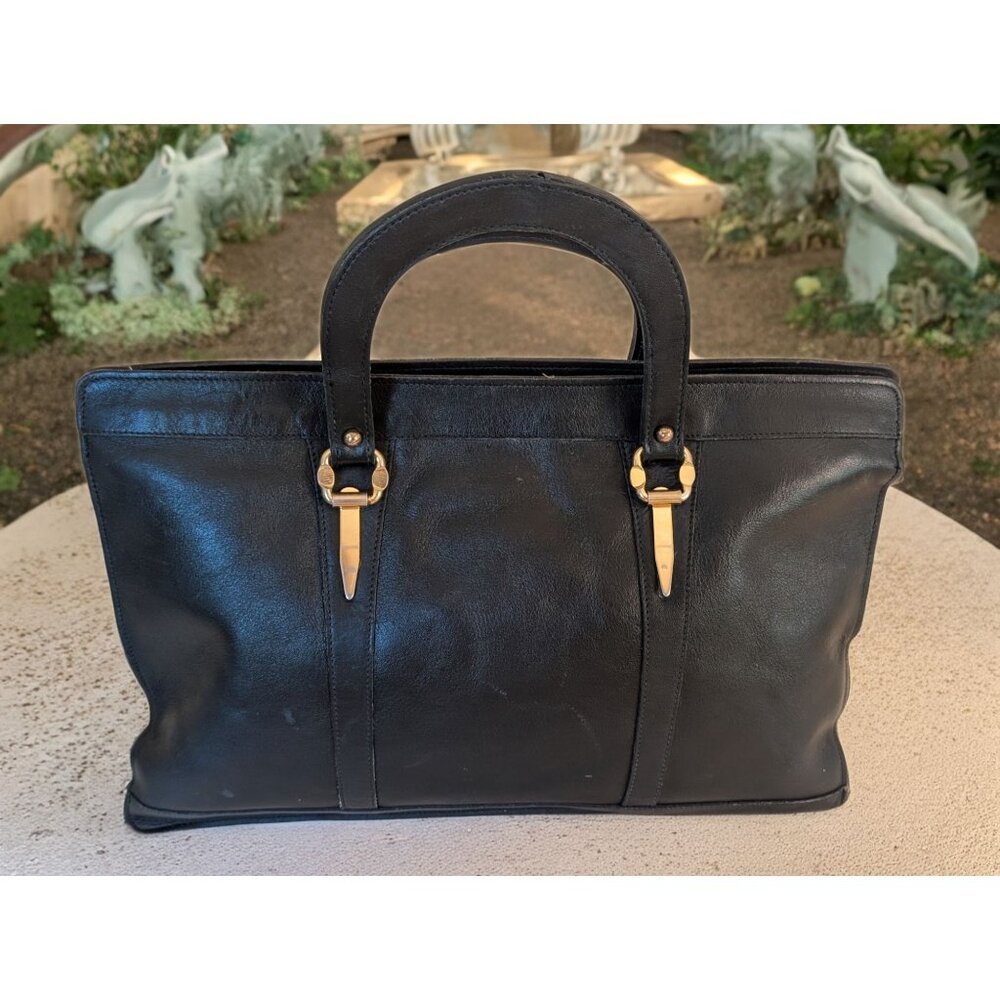 Vintage Black Leather Handbag W/ Gold Accents Womens Classic Career Tote Bag